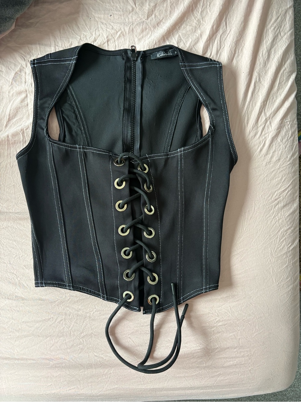 Black Lace-Up Corset Top with Contrast Stitching